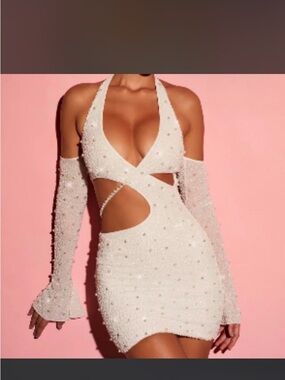 Oh Polly White Pearl-Embellished Cutout Halter Mini Dress